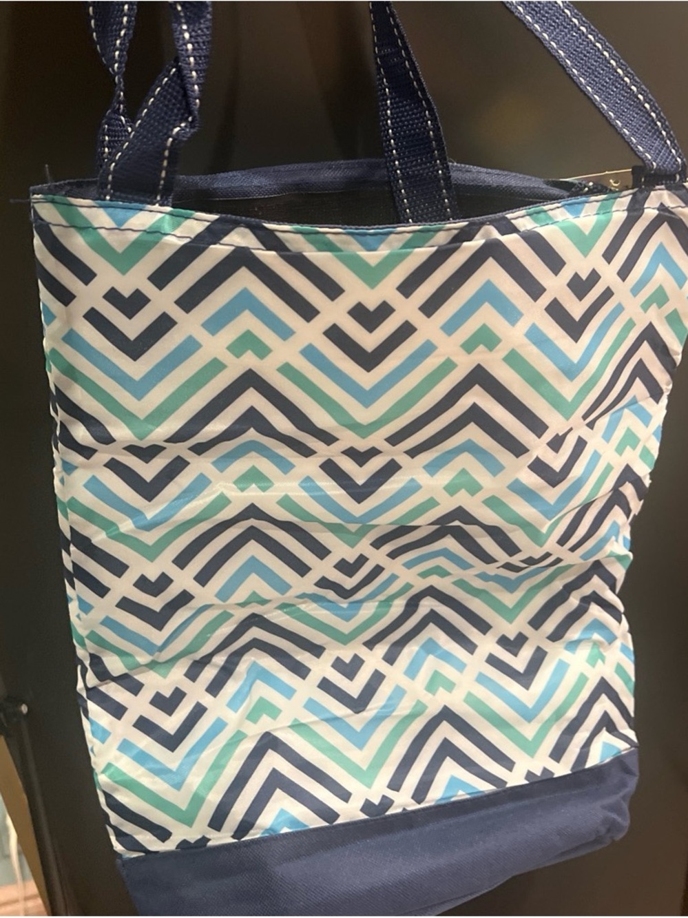 Compact Chevron Tote Bag in Navy & Aqua